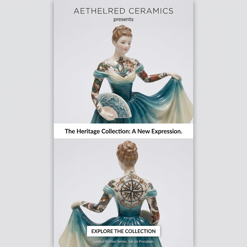 Porcelain lady figurine in a teal gown covered in tattoos, shown from the front and back with a compass tattoo