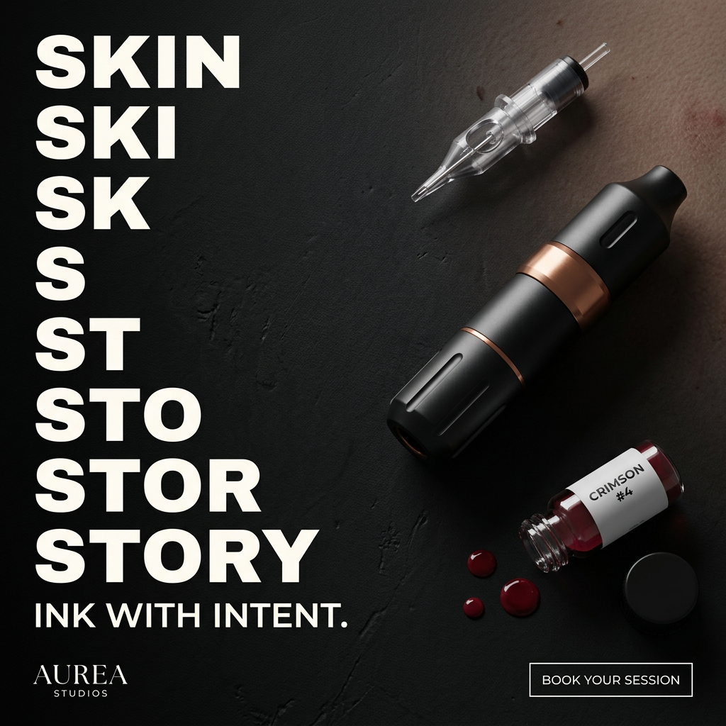 Text SKIN morphing letter by letter into STORY beside a black tattoo pen, needle cartridge and spilled red ink on dark stone