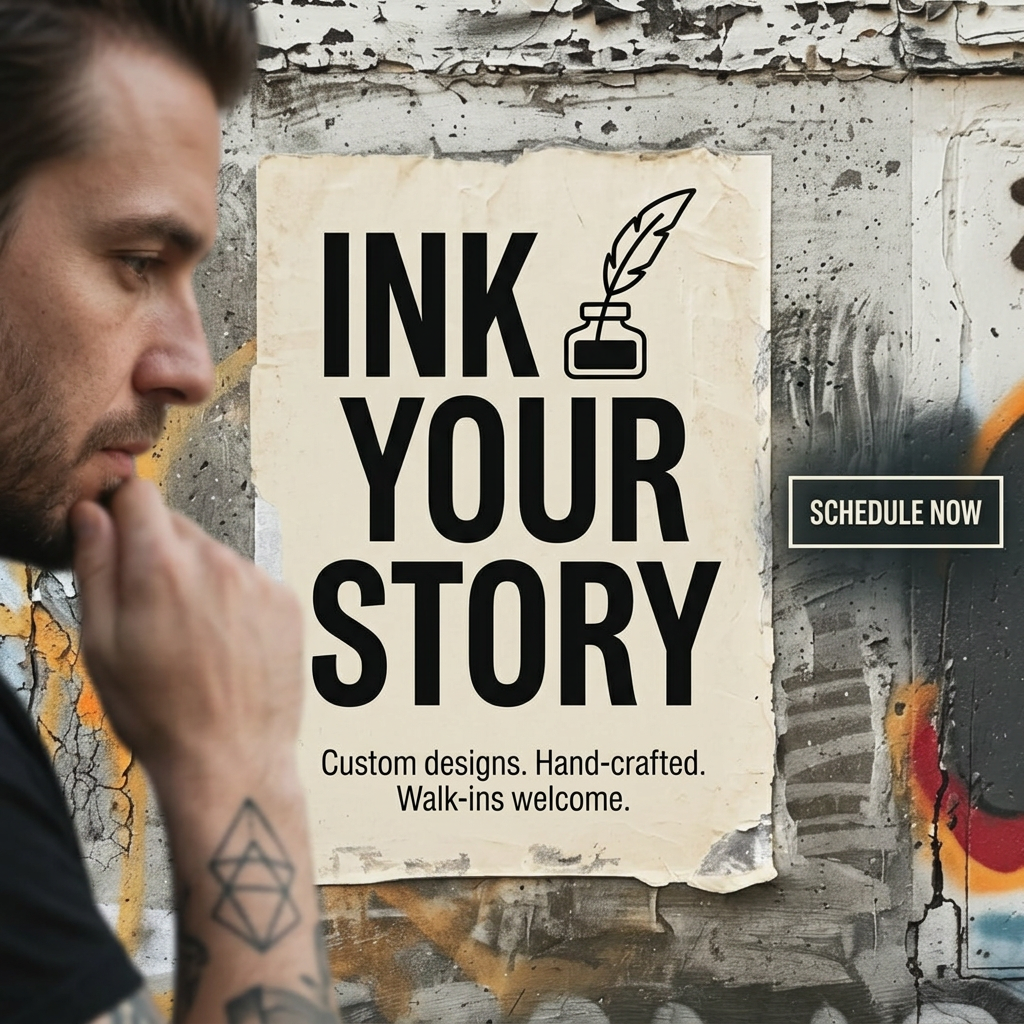 Bearded man with geometric arm tattoo looking at a paper poster reading Ink Your Story on a graffiti wall