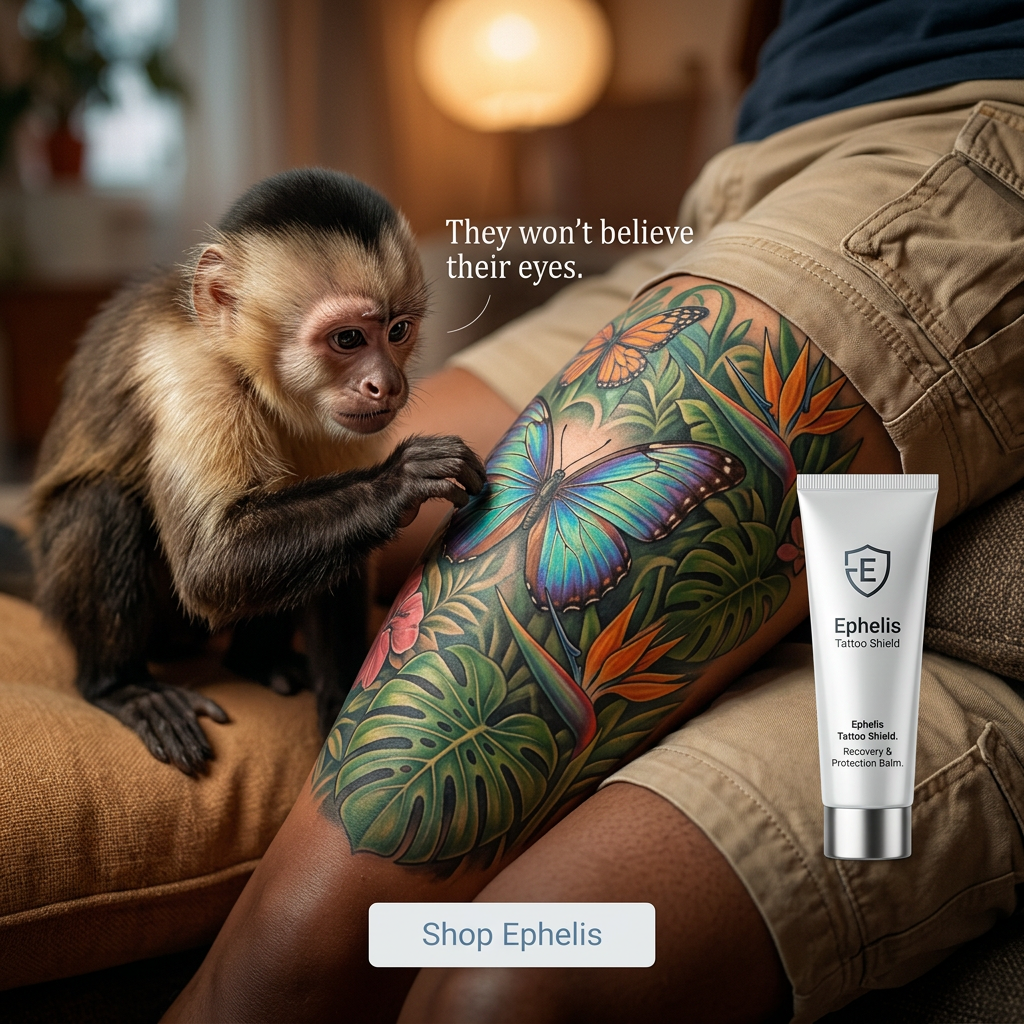 Capuchin monkey touching a colourful butterfly and jungle leaf tattoo on a leg next to an Ephelis tattoo balm tube