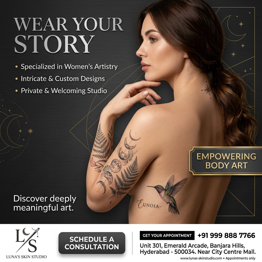 Woman showing fine-line moon phase, fern and hummingbird tattoos beside three feature callouts and a studio contact bar