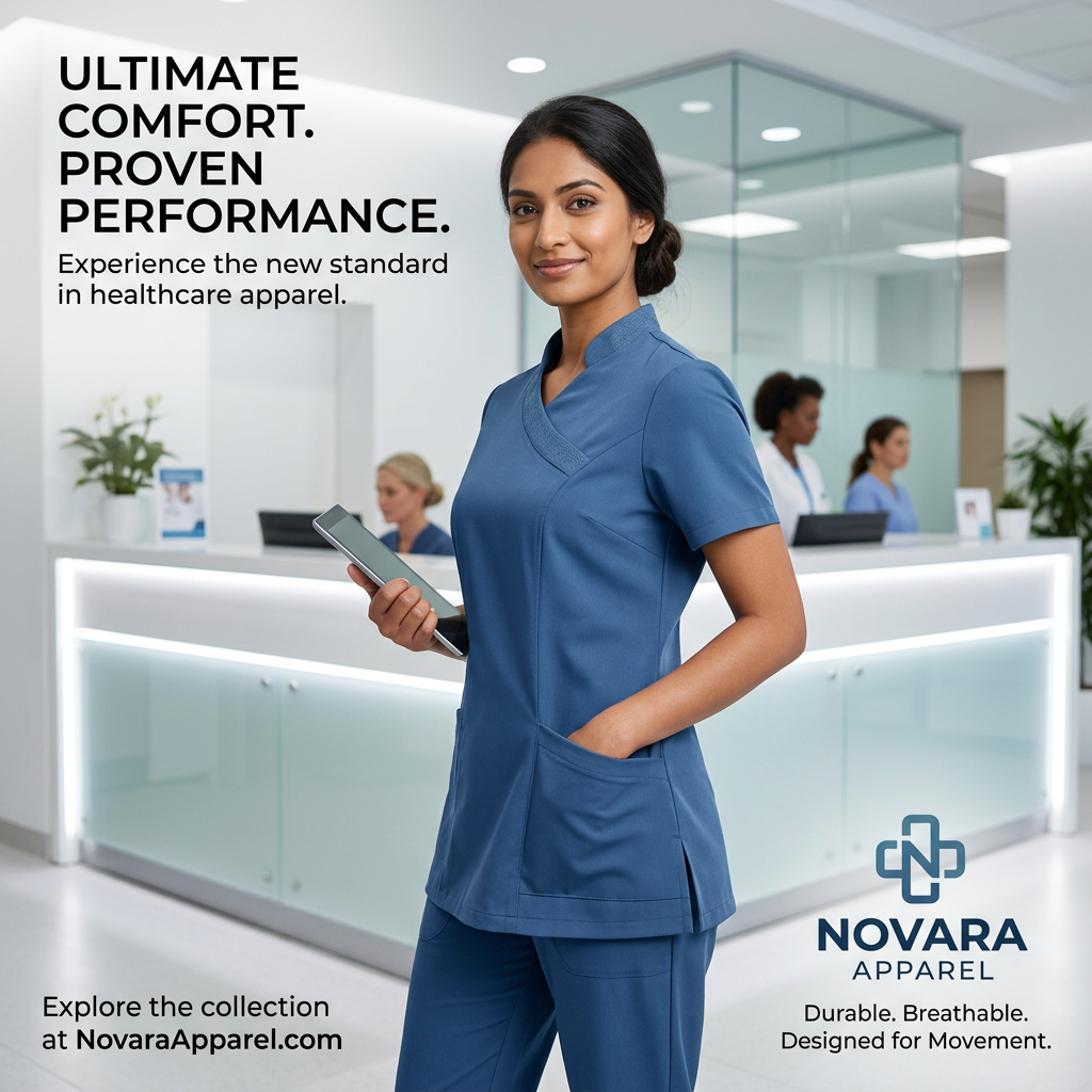 Smiling nurse in blue scrubs holding a tablet in a bright clinic reception, with Novara Apparel headline and logo