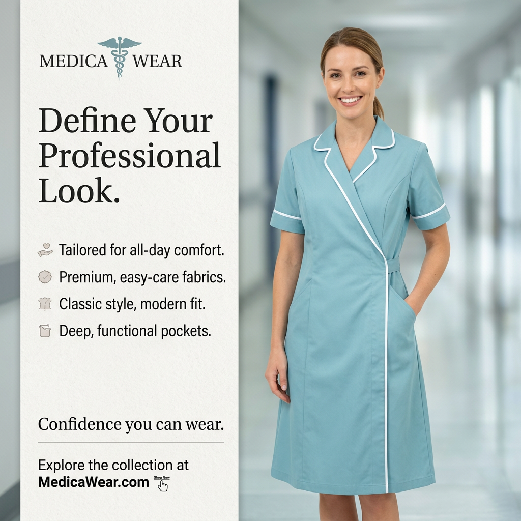 Smiling woman in a light-blue nurse tunic dress in a hospital corridor next to a cream panel with four feature callouts