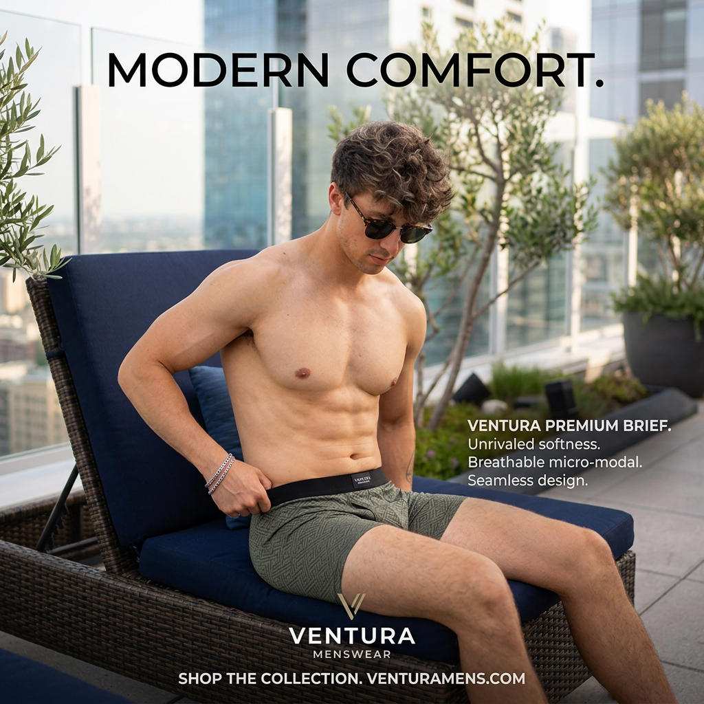 Man in sunglasses seated on a navy rooftop lounger adjusting olive patterned briefs, with Modern Comfort headline