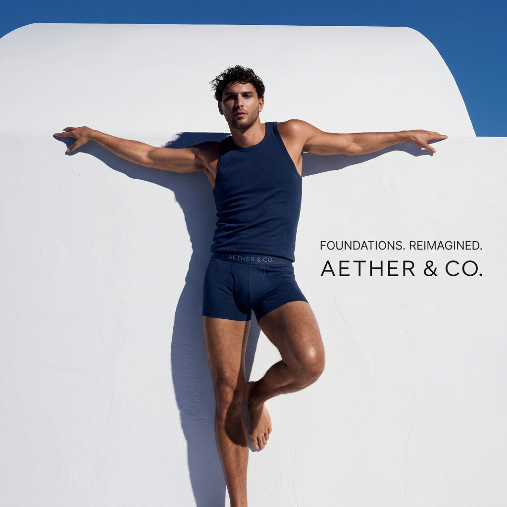 Barefoot man in navy tank top and trunks leaning with outstretched arms against a white wall under a blue sky