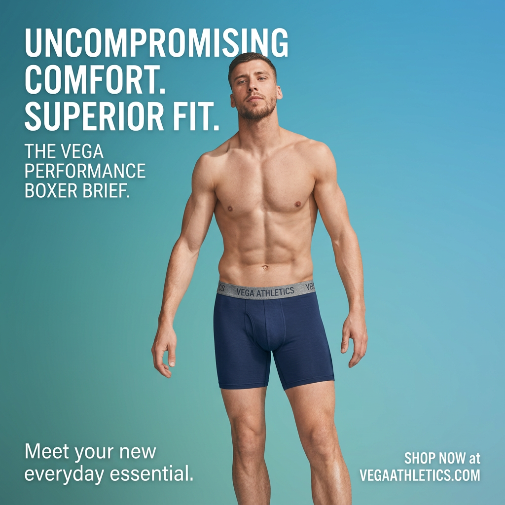 Athletic man in navy Vega Athletics boxer briefs standing against a teal gradient background with bold white headline