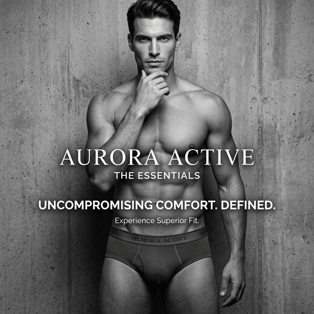 Black-and-white photo of a muscular man in Aurora Active briefs against a concrete wall, with centred white brand text
