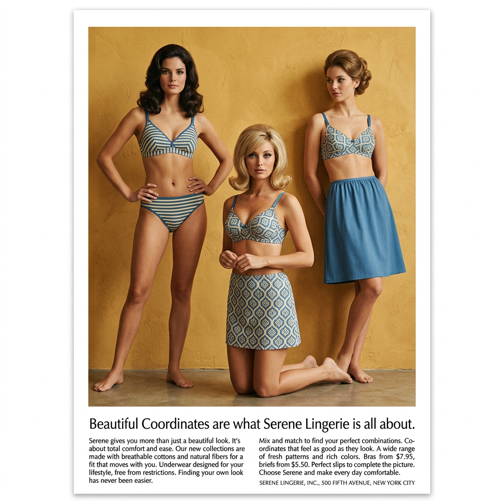 1960s-style print ad of three models in blue patterned lingerie sets against a mustard wall, with long copy below