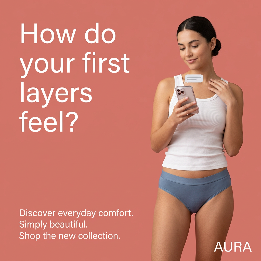 Woman in white ribbed tank and blue briefs smiling at her phone on a coral background, with a question headline