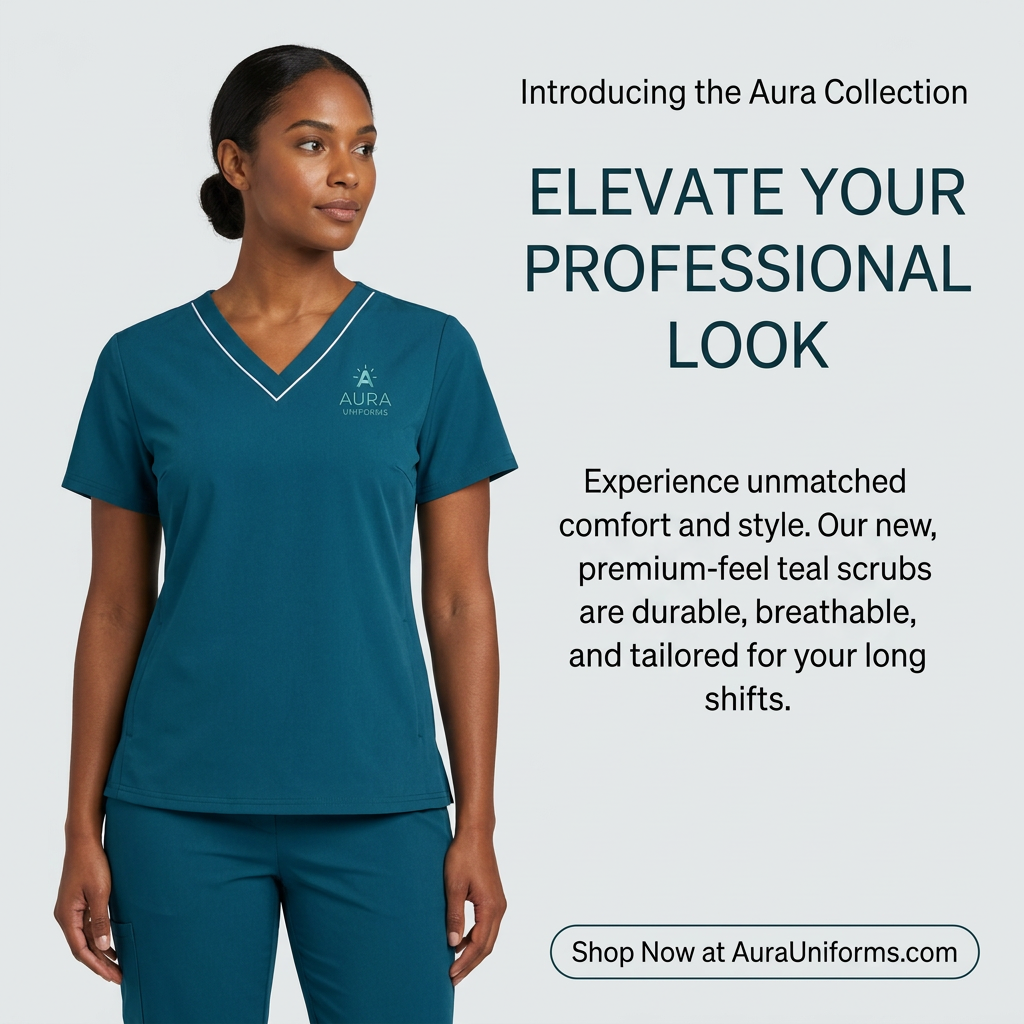 Woman in teal V-neck scrubs with white piping on a light grey background, next to Elevate Your Professional Look text