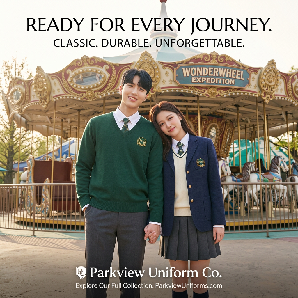 Two students in crested school uniforms, a green sweater and a navy blazer, standing in front of an ornate carousel
