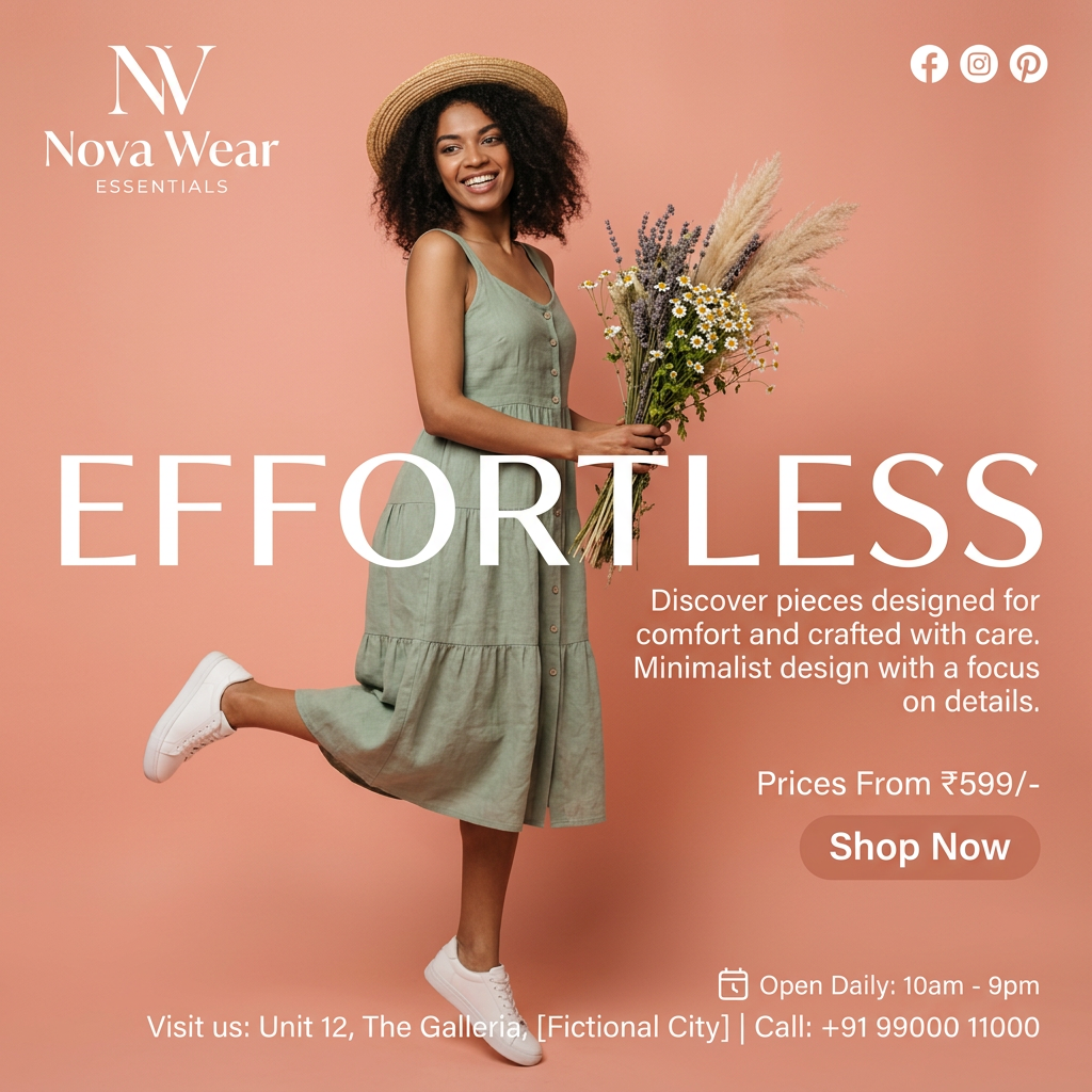 Smiling woman in a sage green linen dress and straw hat kicks up one leg, holding dried flowers on a coral background