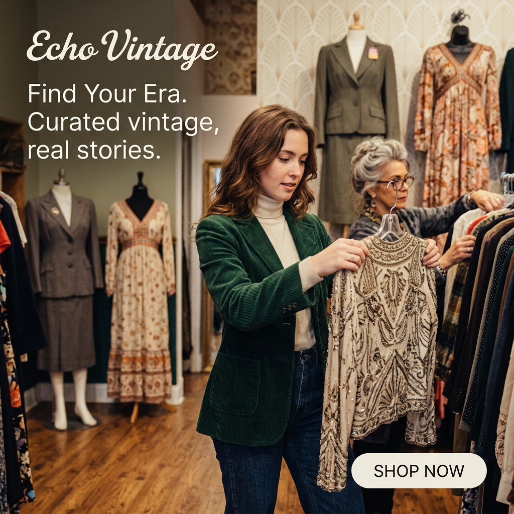 Young woman in a green corduroy blazer holds up a beaded vintage top in a boutique with mannequins and clothing racks