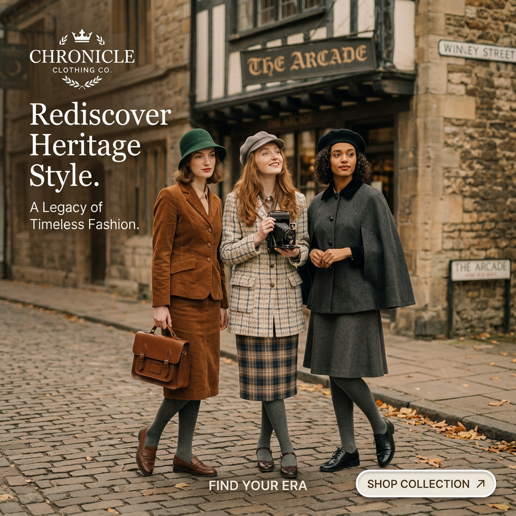 Three women in vintage-style tweed, corduroy and wool outfits stand on a cobbled street in front of a Tudor-style arcade