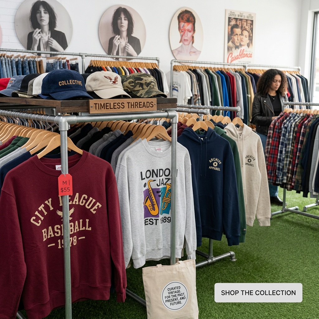 Rails of vintage graphic sweatshirts and hoodies with a $55 tag, caps on a shelf and a shopper browsing flannels