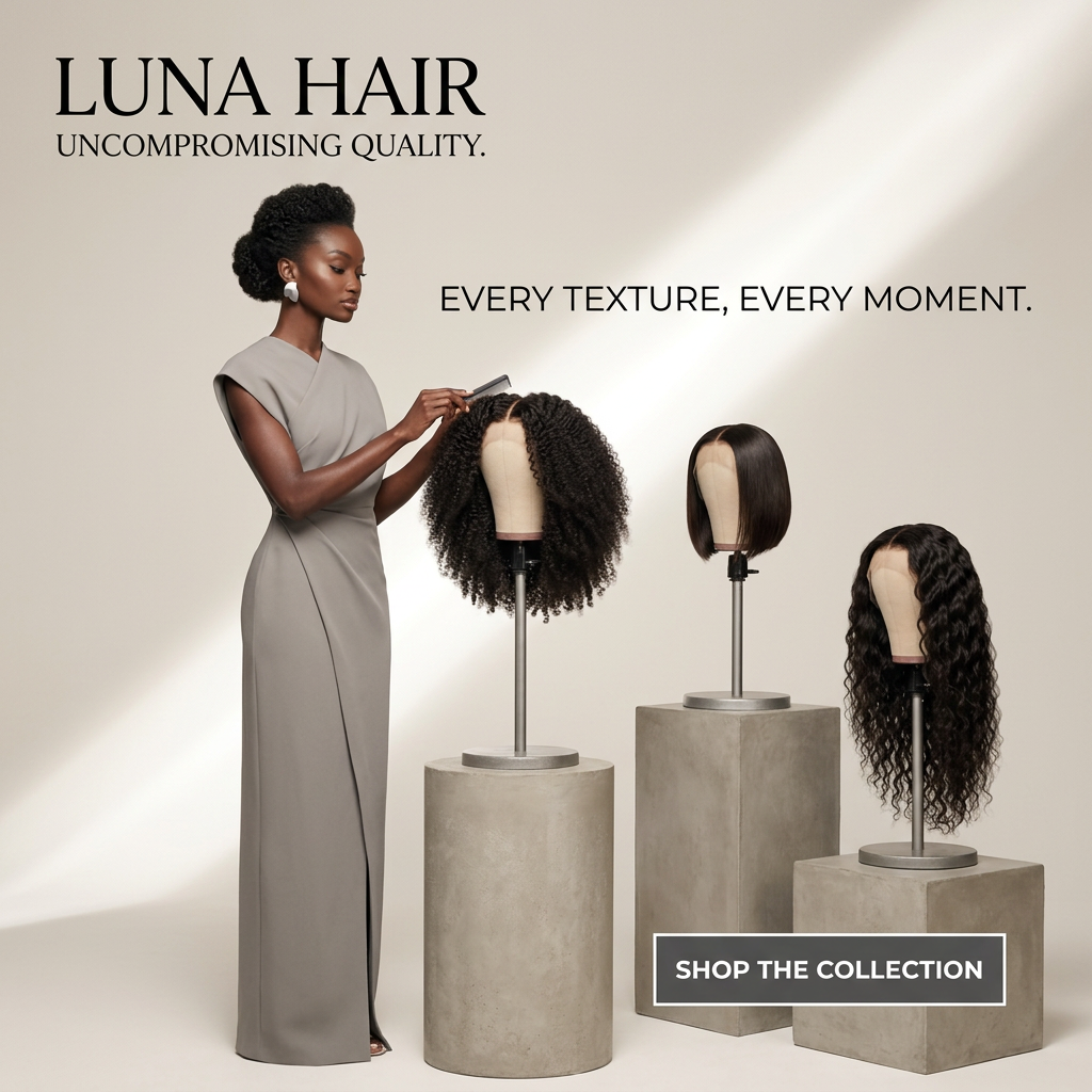 Woman in a grey dress combs a curly wig on a mannequin head beside a bob and a wavy wig on concrete plinths