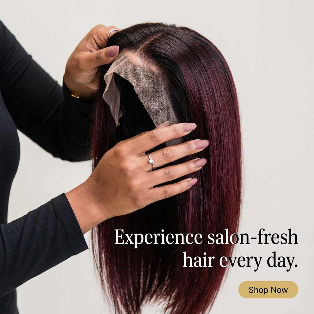 Hands with mauve nails lift the transparent lace on a sleek straight burgundy wig against a light grey background