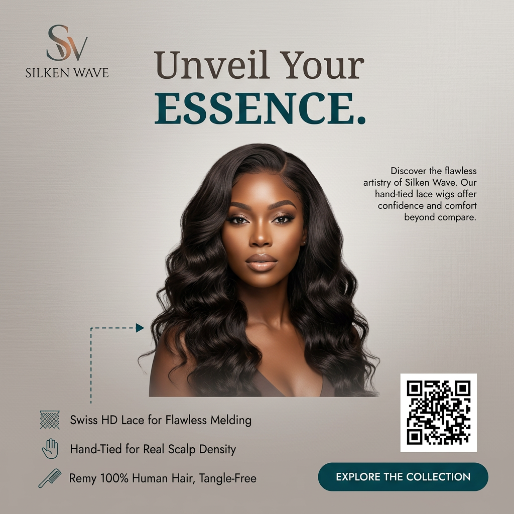 Woman with long dark body-wave hair on a grey background with three icon feature callouts, a QR code and a teal button