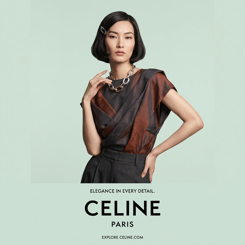 Model with a sleek bob and chain necklace in a draped brown and charcoal silk top poses against a mint green background