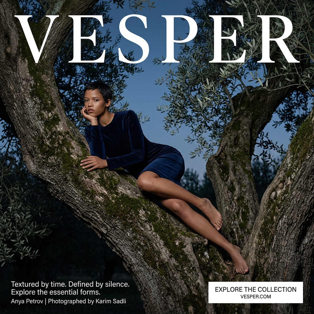 Model with short hair in a navy velvet dress reclines barefoot on the trunk of an old mossy olive tree under a dusk sky