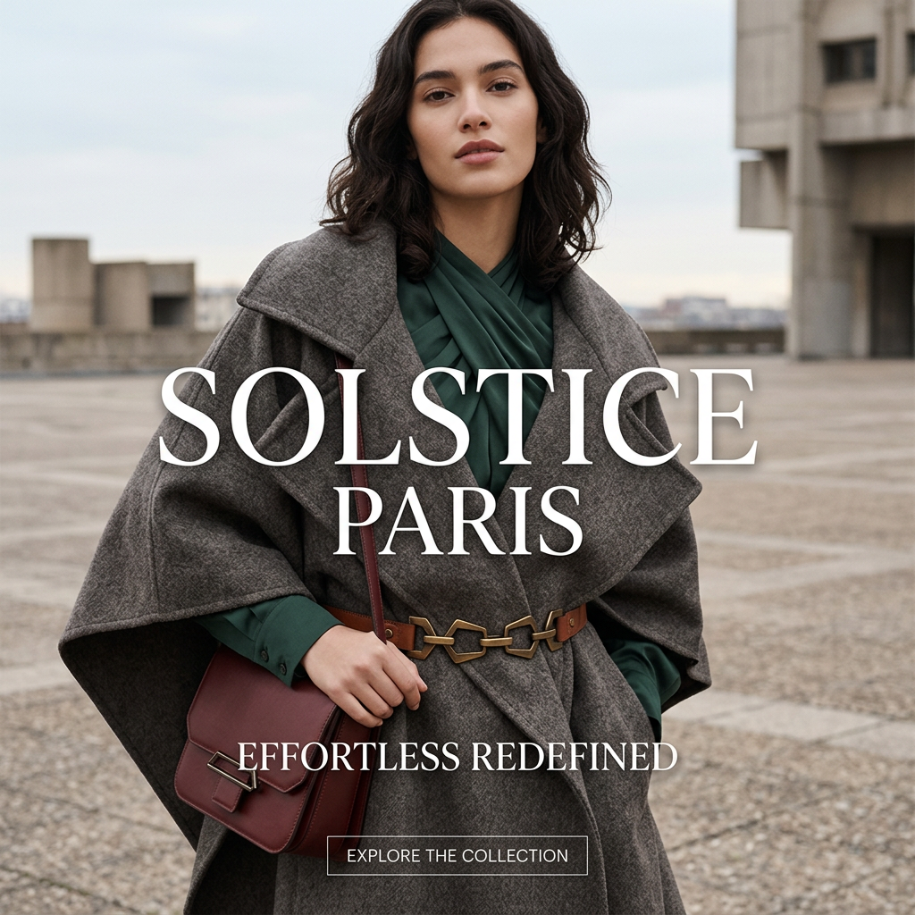 Woman in an oversized grey wool cape coat, green silk scarf, gold chain belt and burgundy bag in a concrete plaza