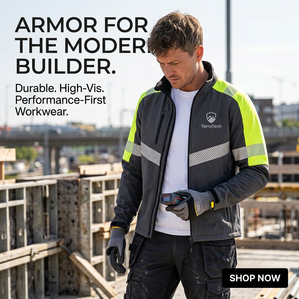 Construction worker in grey and neon-yellow hi-vis softshell jacket checking a laser meter on a building site