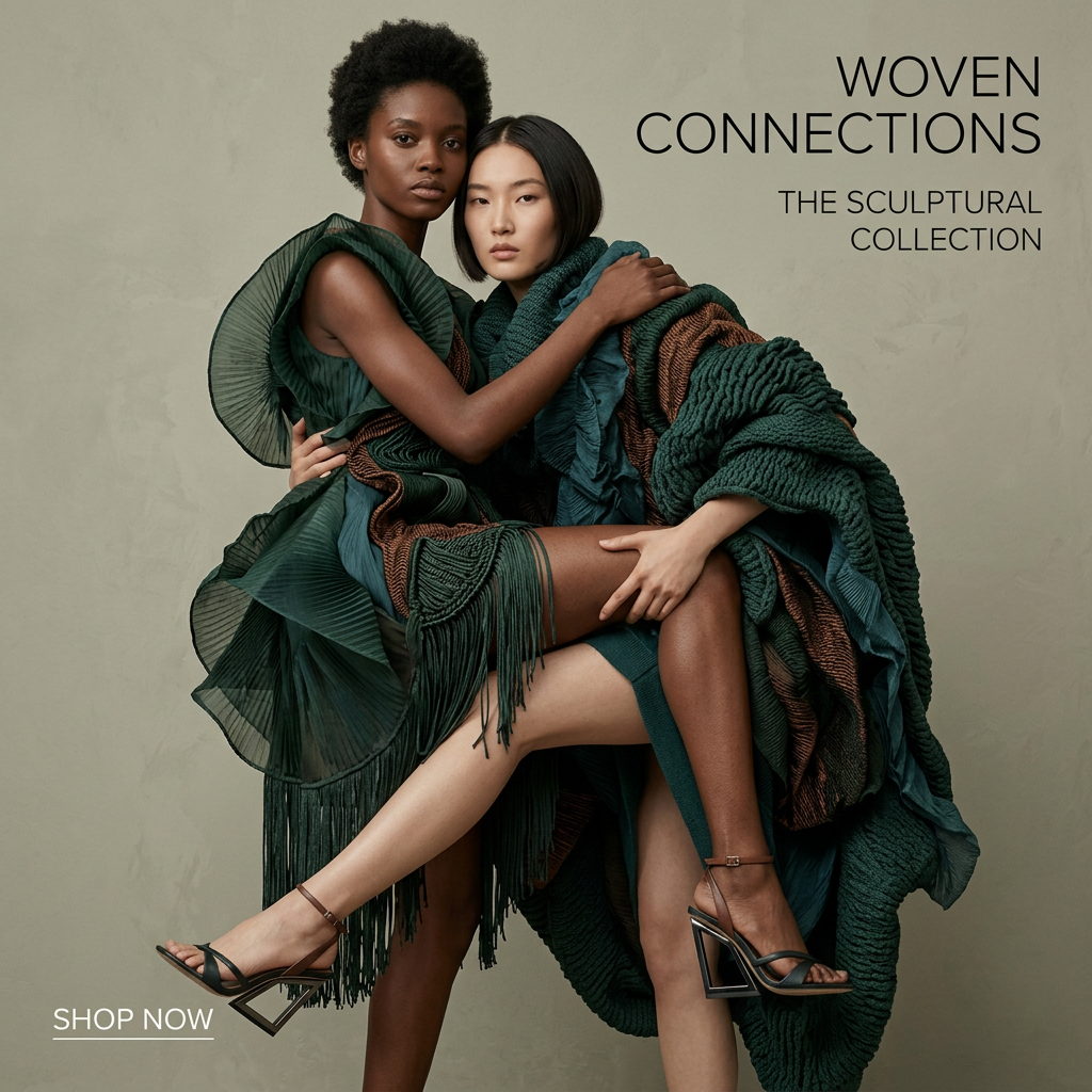 Two models embracing in sculptural dark green pleated and knitted garments against a sage studio wall