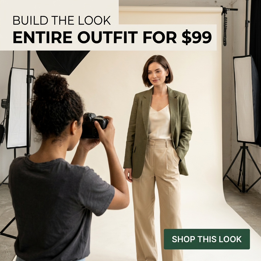 Model in olive linen blazer, cream cami and beige trousers being photographed in a white studio with softboxes