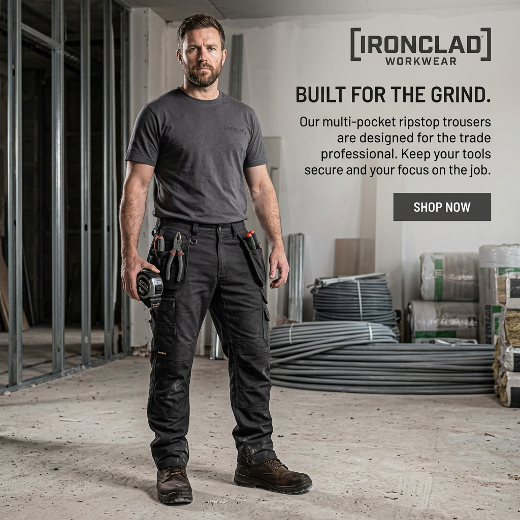 Tradesman in grey t-shirt and black multi-pocket work trousers with pliers and tape measure on an unfinished interior site
