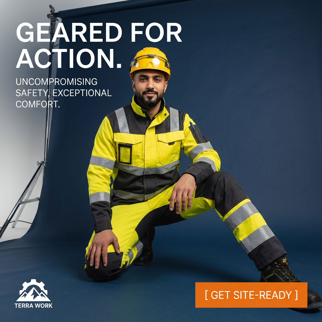 Worker in yellow hi-vis jacket, trousers and hard hat kneeling on a navy blue studio backdrop