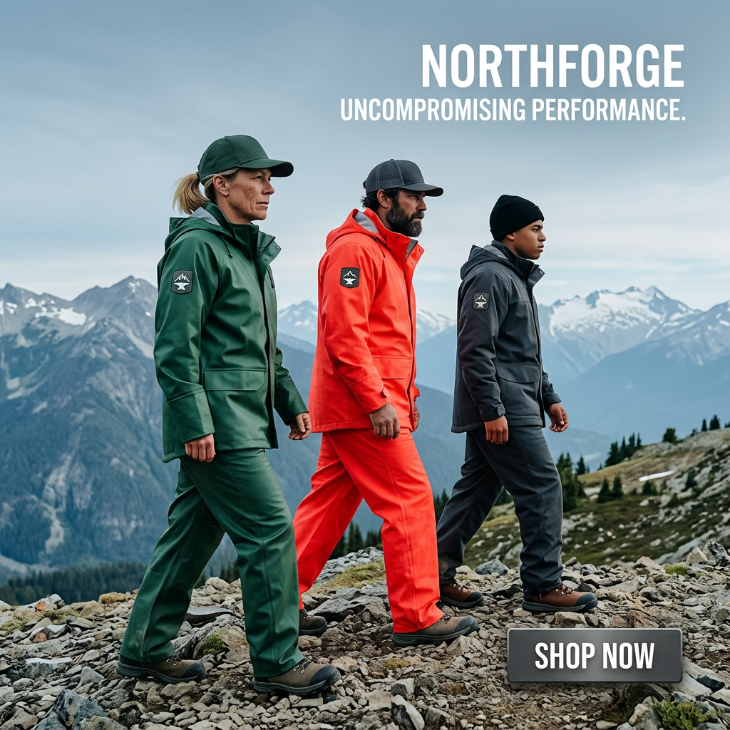 Three hikers in green, red and dark grey rain jackets and trousers walking over rocks with snowy mountains behind