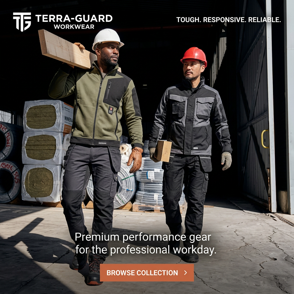 Two workers in hard hats and work jackets carrying timber out of a warehouse with insulation and conduit stacked behind