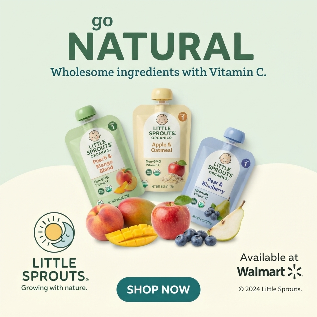 Three Little Sprouts organic baby food pouches with peaches, mango, apple, blueberries and pear under a 'go natural' headline