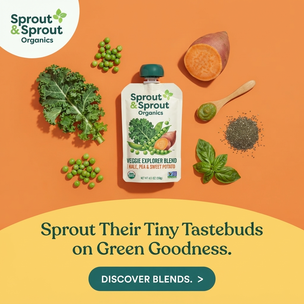 Sprout & Sprout veggie pouch on orange background surrounded by kale, peas, sweet potato, basil, chia seeds and a spoon