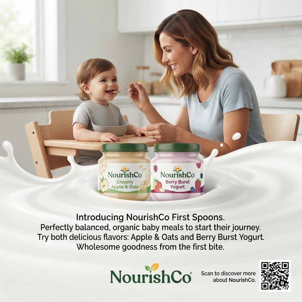 Mother spoon-feeding a smiling baby in a high chair with NourishCo apple oats and berry yogurt jars in a milk splash