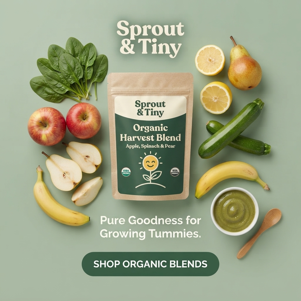Sprout & Tiny kraft pouch of organic apple spinach pear blend surrounded by fruit, vegetables and a bowl of green purée