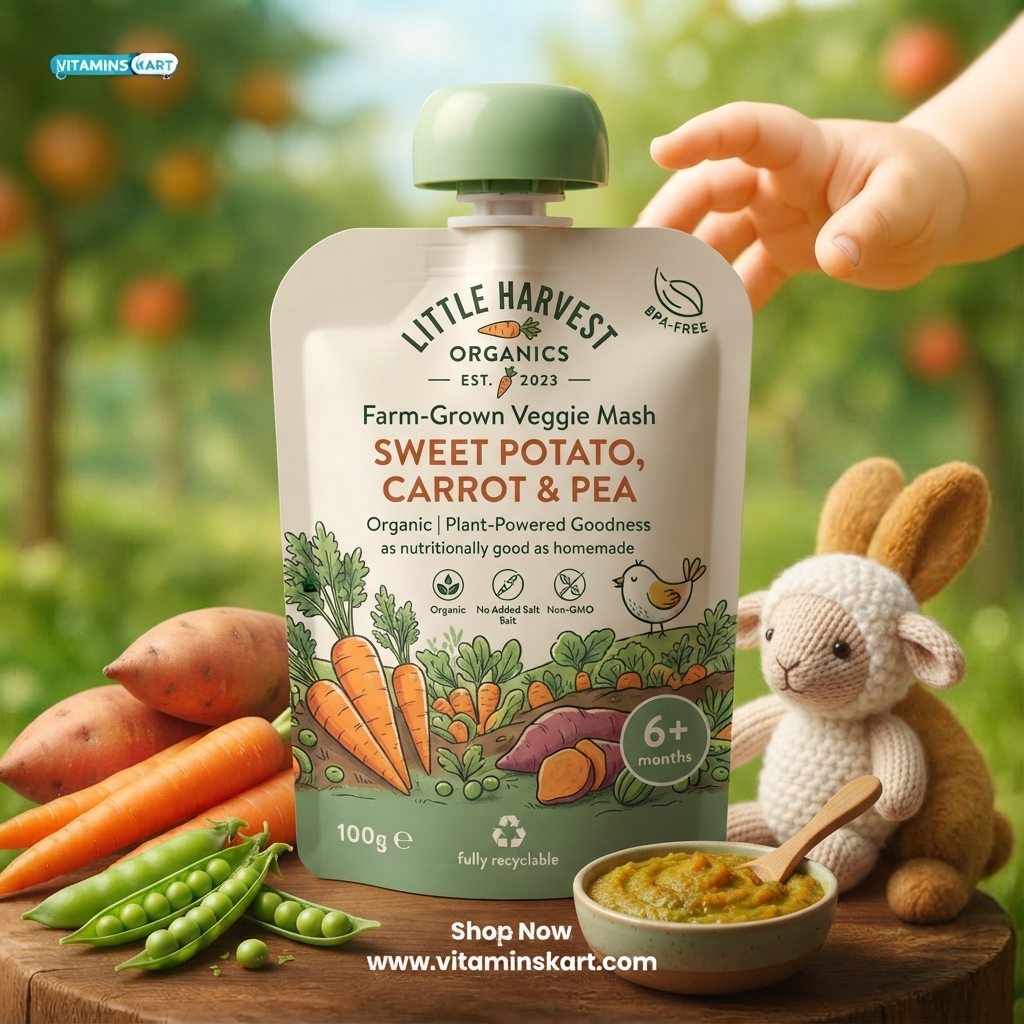 Little Harvest Organics sweet potato carrot pea pouch with fresh vegetables, purée bowl, toy lamb and a reaching baby hand