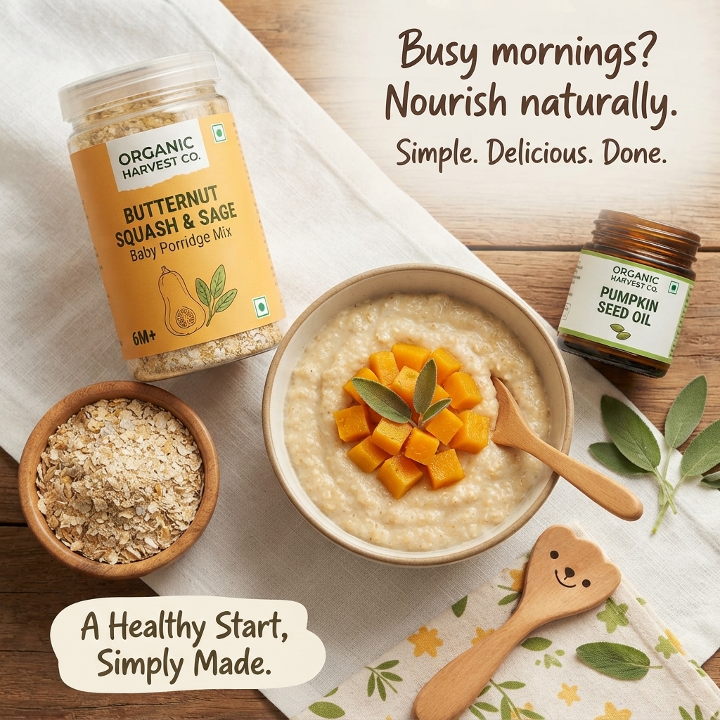 Overhead shot of baby porridge with butternut squash cubes beside an Organic Harvest Co. porridge jar and pumpkin seed oil