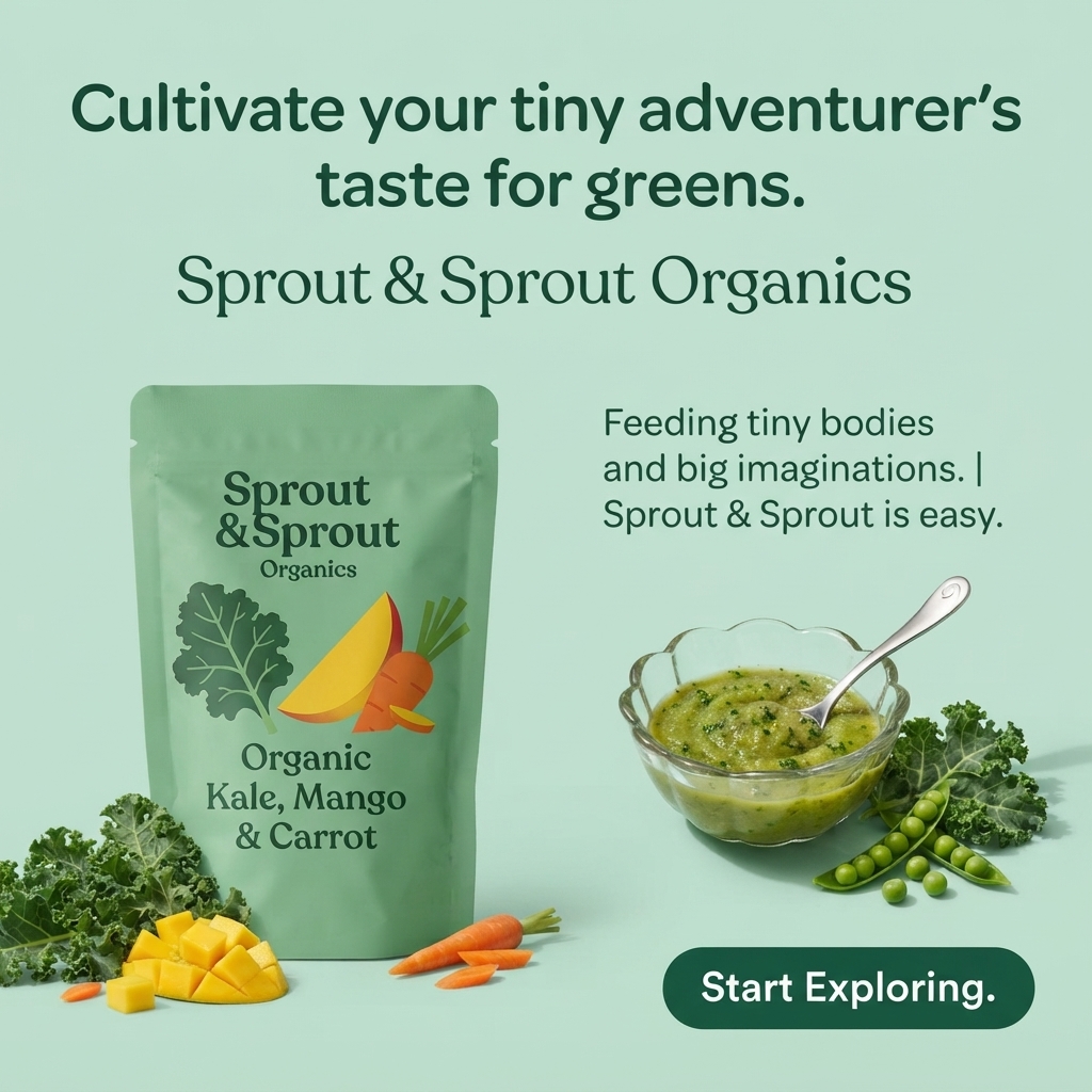 Green Sprout & Sprout organic kale mango carrot pouch next to a glass bowl of green purée with kale, peas, mango and carrots