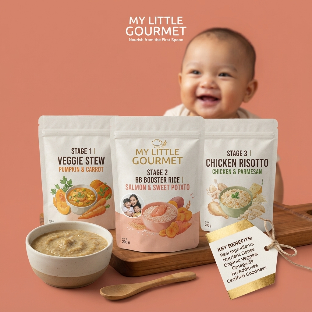 Three My Little Gourmet baby meal pouches for stages 1 to 3 on a wooden board with a laughing baby and a benefits tag