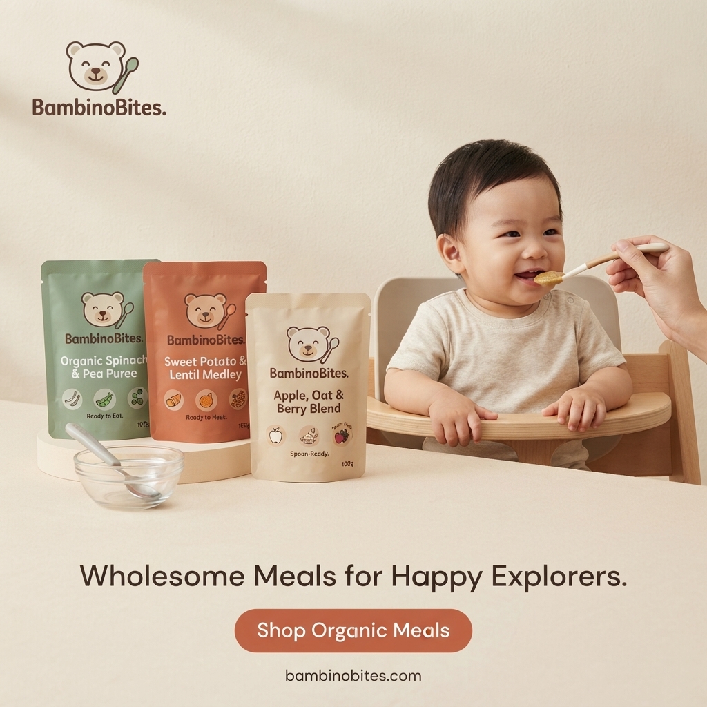 Smiling baby in a high chair being spoon-fed beside three BambinoBites organic meal pouches in green, terracotta and beige