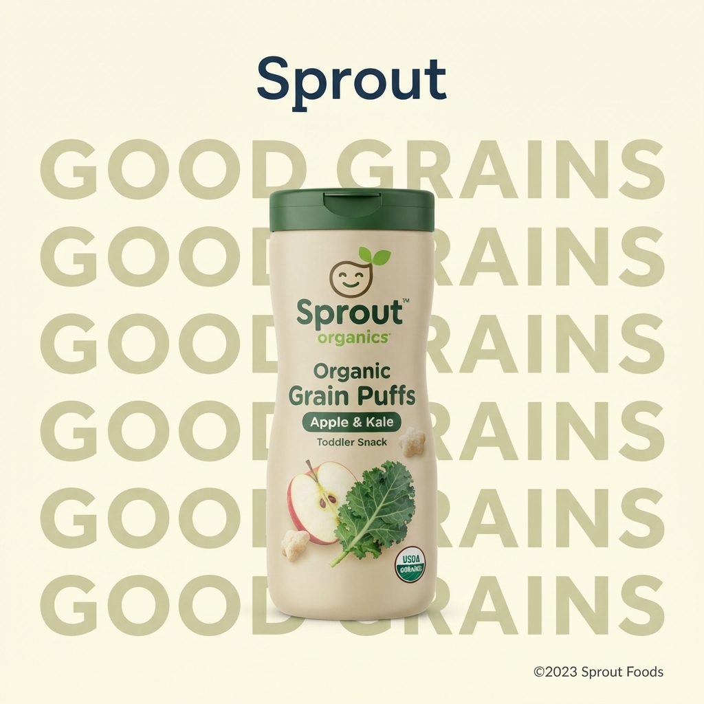 Sprout Organics apple and kale grain puffs canister in front of a repeated 'GOOD GRAINS' text pattern on a cream background