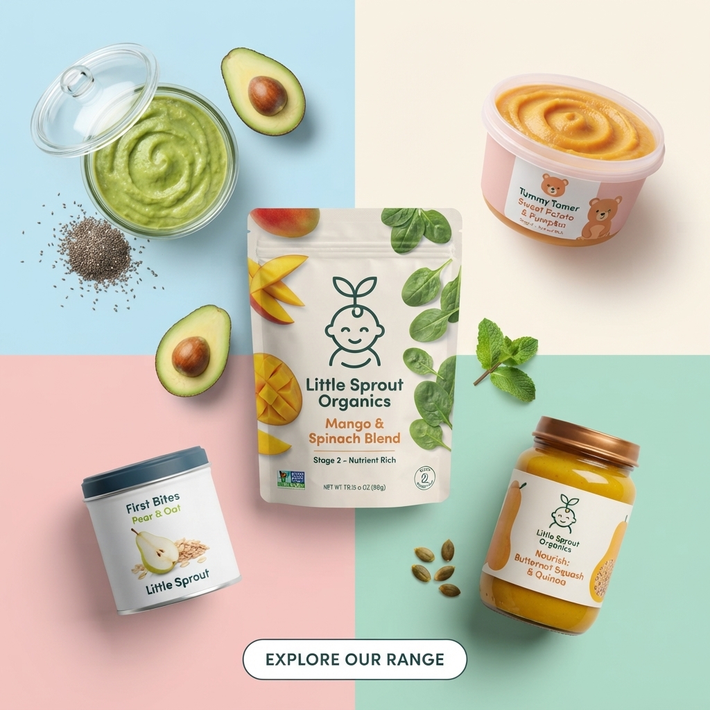 Little Sprout Organics mango spinach pouch centred on pastel quadrants with purée jars, a tub, a tin, avocado and mint