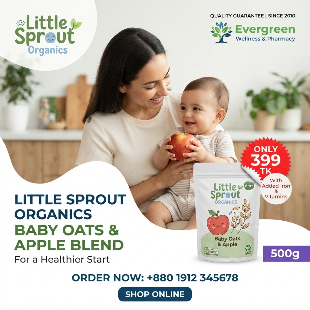 Mother holding a baby with an apple beside a Little Sprout Organics baby oats pouch and a red 'Only 399 TK' price burst