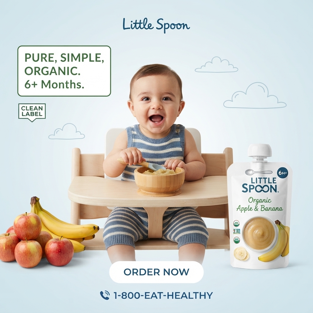 Laughing baby in a striped romper eating from a bamboo bowl in a high chair beside apples, bananas and a Little Spoon pouch