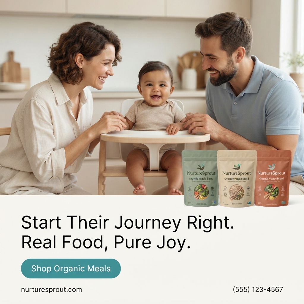 Mother and father smiling at a happy baby in a high chair beside three NurtureSprout organic veggie blend pouches