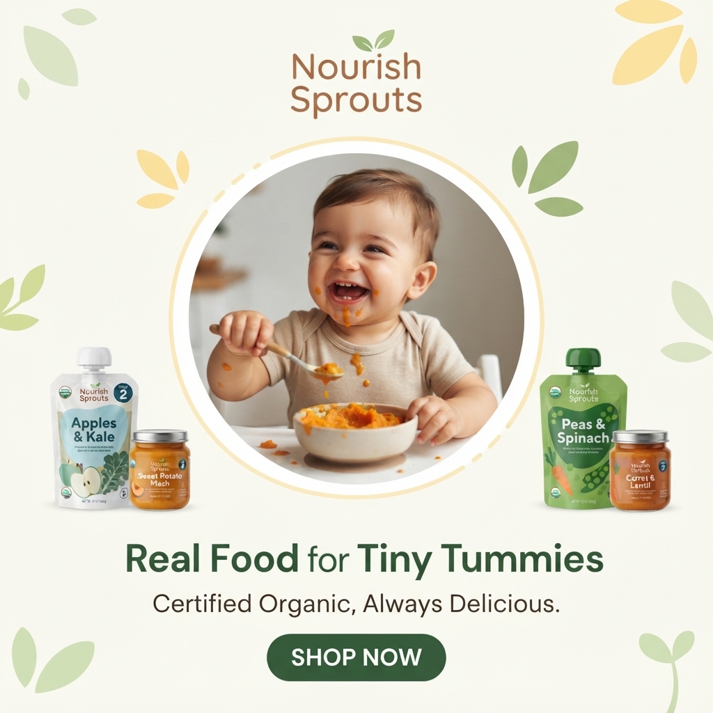 Laughing baby with orange purée on face in a circular frame between Nourish Sprouts pouches and jars of organic baby food