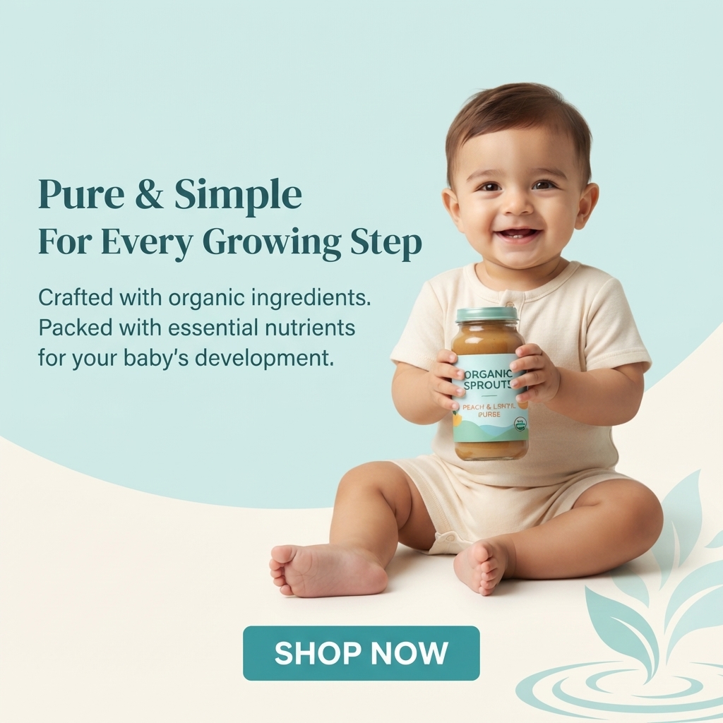 Smiling seated baby holding a jar of Organic Sprouts peach and lentil purée on a soft teal and cream background