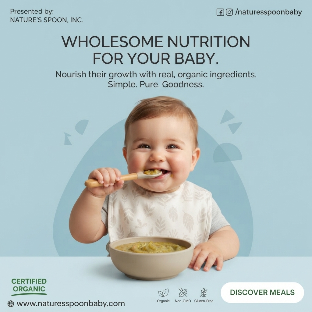 Smiling baby in a leaf-print bib feeding himself green food from a bowl with a wooden spoon on a soft blue background