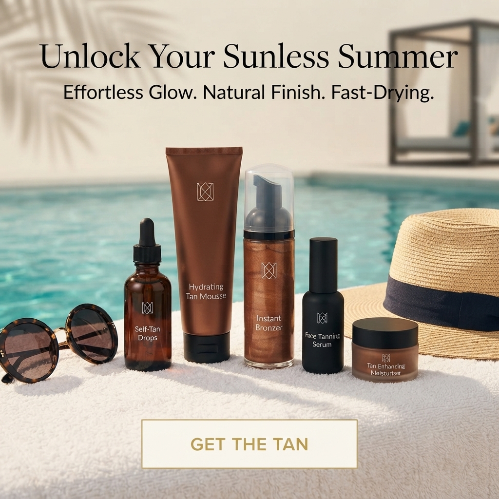 Five brown self-tan products on a white towel beside a pool with tortoiseshell sunglasses and a straw hat
